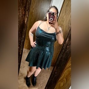 B Darlin Night Blue Tornasol Shiny Mini Dress, XL. Cross spaghetti straps.